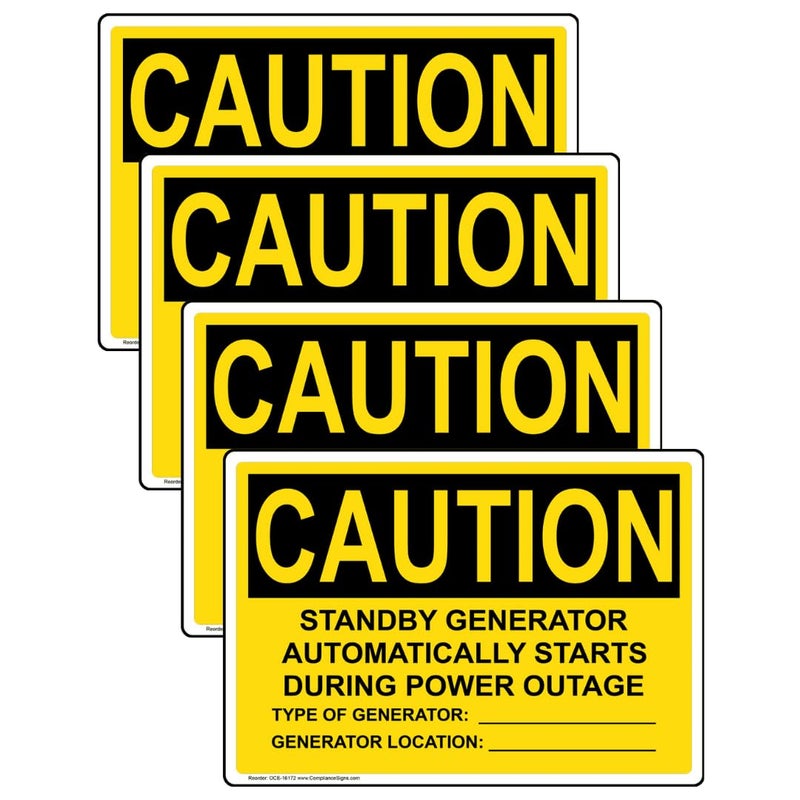 ComplianceSigns علامة تحذير مولد احتياطي يبدأ تلقائيًا ملصق OSHA، 5x3.5 بوصة 4-pack فينيل للكهرباء - Image 1